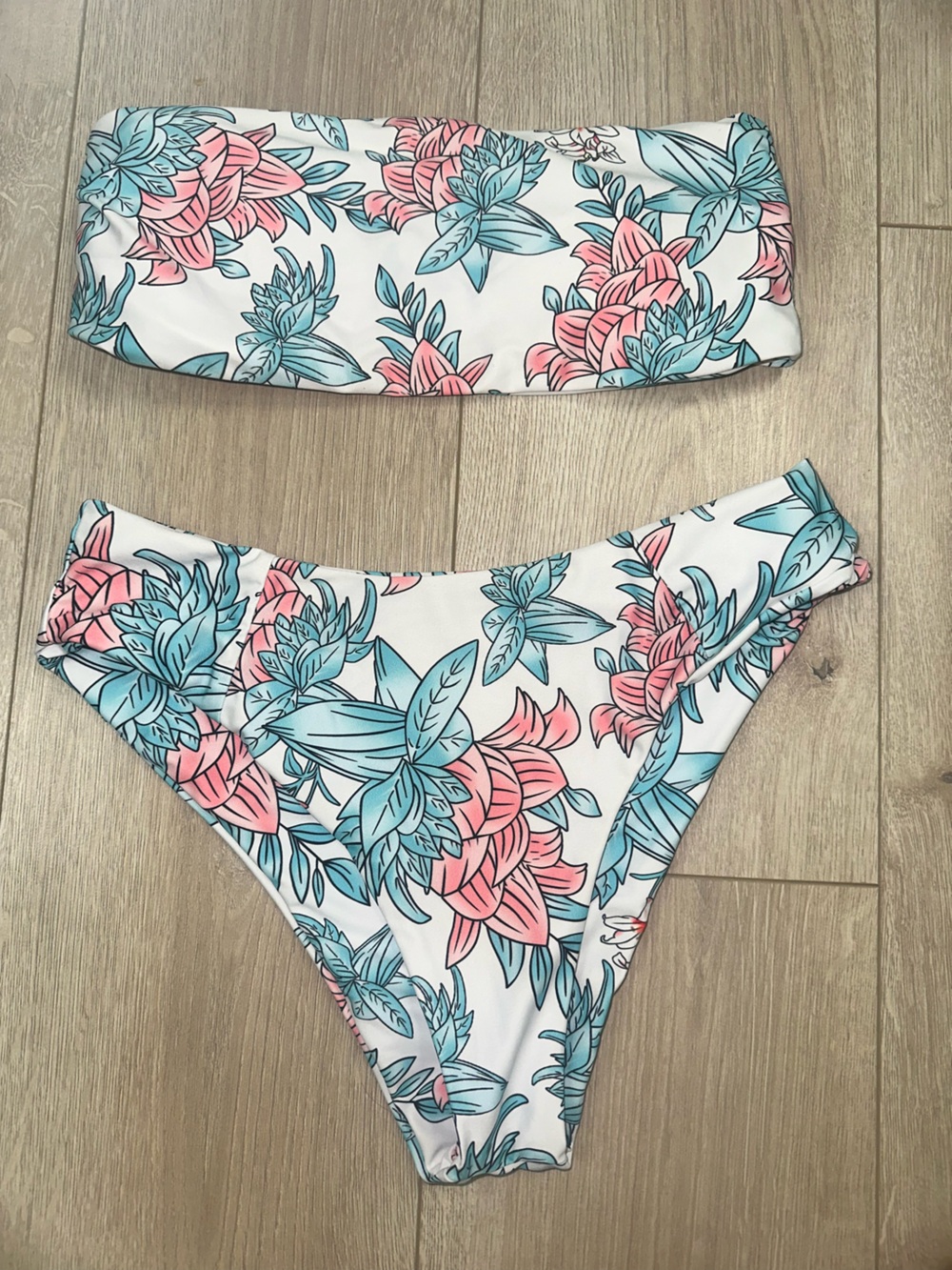 Zaful White Floral Two-Piece Swimsuit with Pink & Teal Print